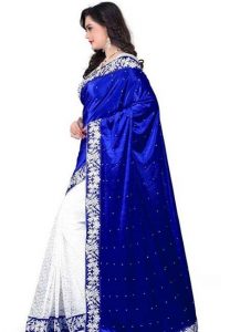 Chandni Blue Embroidered Lycra & Brasso Sarees With Blouse