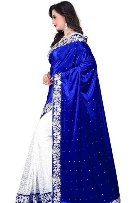 Chandni Blue Embroidered Lycra & Brasso Sarees With Blouse
