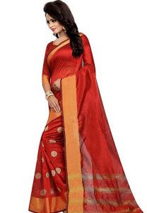 Karina Butta Red Embroidered Cotton Polyester Silk Sarees With Blouse
