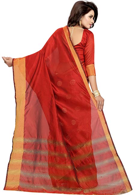 Karina Butta Red Embroidered Cotton Polyester Silk Sarees With Blouse