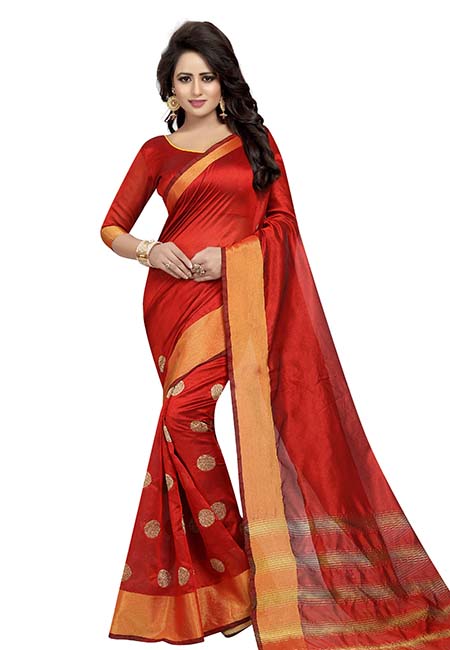 Karina Butta Red Embroidered Cotton Polyester Silk Sarees With Blouse