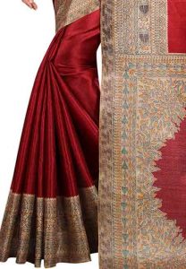 Maroon Printed Kalamkaari Khadi Silk Sarees With Blouse