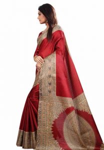 Maroon Printed Kalamkaari Khadi Silk Sarees With Blouse