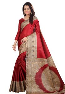 Maroon Printed Kalamkaari Khadi Silk Sarees With Blouse