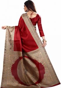 Maroon Printed Kalamkaari Khadi Silk Sarees With Blouse