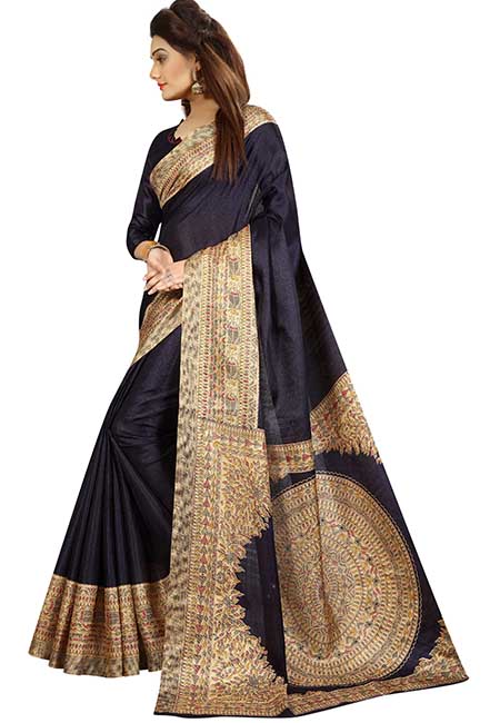 Navy Blue Printed Kalamkaari Khadi Silk Sarees With Blouse