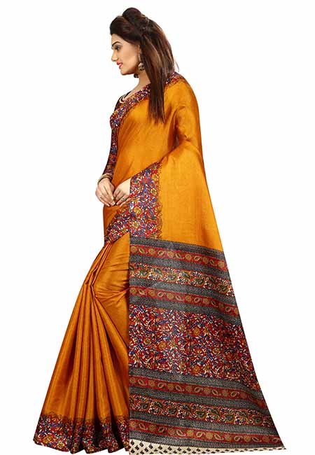 Mustard Printed Kalamkaari Khadi Silk Sarees With Blouse