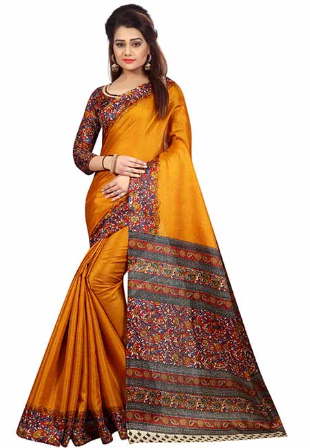 Mustard Printed Kalamkaari Khadi Silk Sarees With Blouse