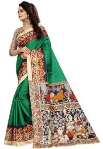 Green Printed Kalamkaari Khadi Silk Sarees With Blouse