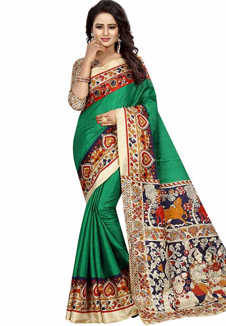 Green Printed Kalamkaari Khadi Silk Sarees With Blouse