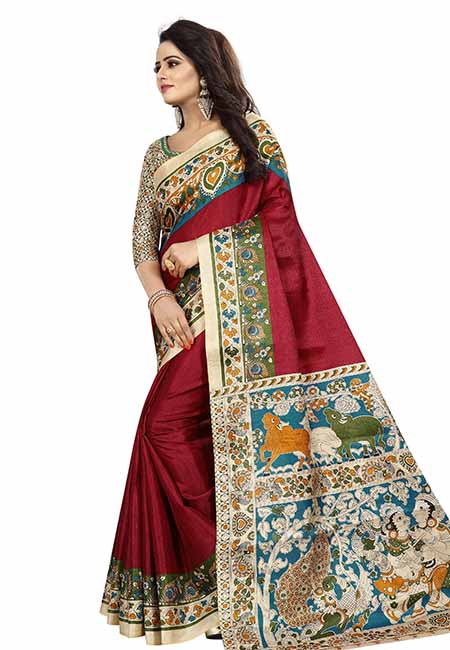 Wine Printed Kalamkaari Khadi Silk Sarees With Blouse