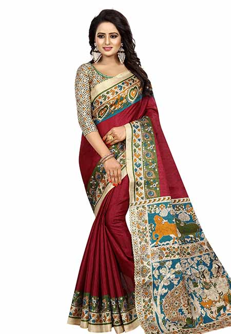 Wine Printed Kalamkaari Khadi Silk Sarees With Blouse