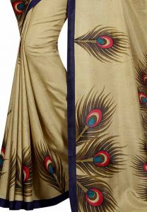 Golden Peacock Printed Maalgudi Silk Sarees With Blouse