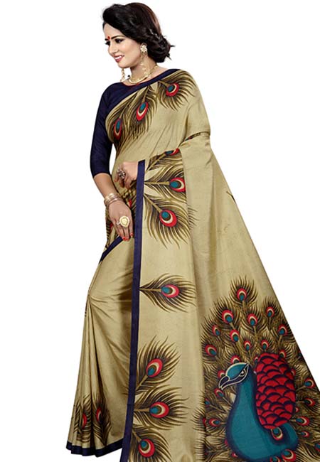 Golden Peacock Printed Maalgudi Silk Sarees With Blouse