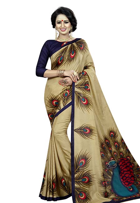 Golden Peacock Printed Maalgudi Silk Sarees With Blouse