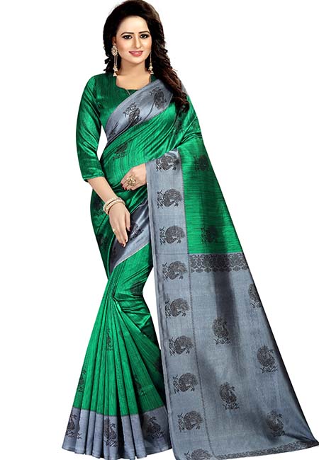 Mayuri Green Printed Mysore Art Silk Sarees With Blouse