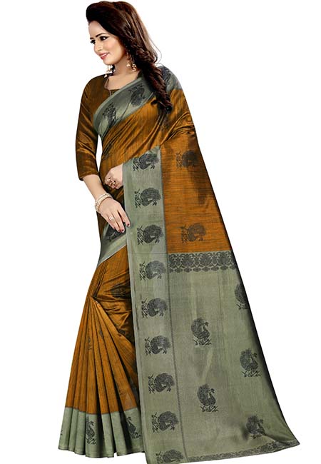 Mayuri Mustard Printed Mysore Art Silk Sarees With Blouse