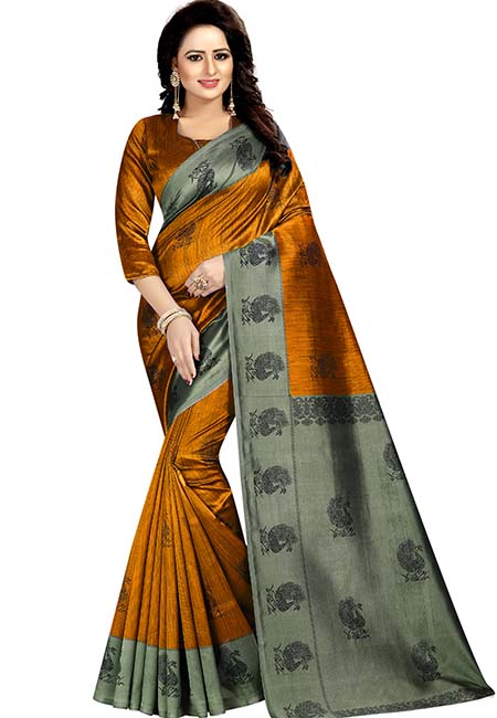 Mayuri Mustard Printed Mysore Art Silk Sarees With Blouse