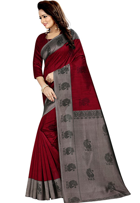 Mayuri Red Printed Mysore Art Silk Sarees With Blouse