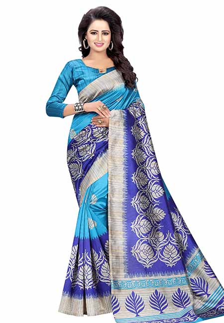 Mysore Blue Printed Mysore Art Silk Sarees With Blouse