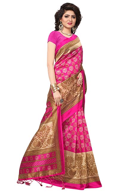 Pink Queen Jhalar Printed Mysore Art Silk Sarees With Blouse