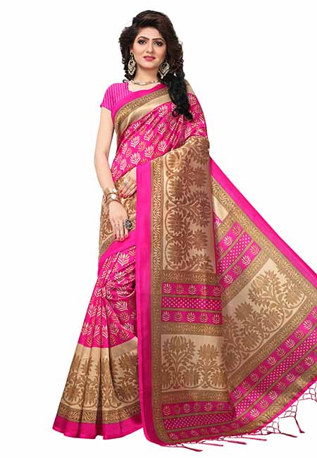 Pink Queen Jhalar Printed Mysore Art Silk Sarees With Blouse