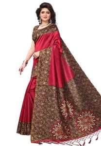 Safina Red Jhalar Printed Mysore Art Silk Sarees With Blouse