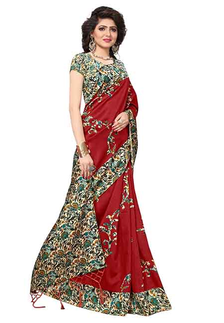 Sana Red Jhalar Printed Mysore Art Silk Sarees With Blouse