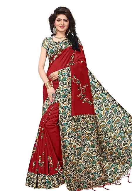 Sana Red Jhalar Printed Mysore Art Silk Sarees With Blouse