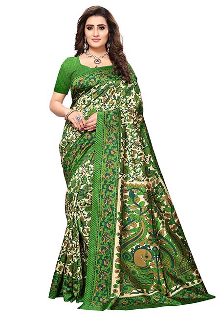 Shabana Green Printed Mysore Art Silk Sarees With Blouse