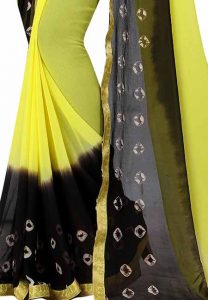 Black Yellow Bandhani Printed Chiffon Sarees With Blouse