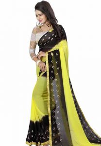 Black Yellow Bandhani Printed Chiffon Sarees With Blouse