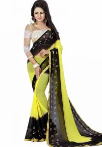 Black Yellow Bandhani Printed Chiffon Sarees With Blouse