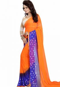 Fenta Blue Bandhani Printed Chiffon Sarees With Blouse