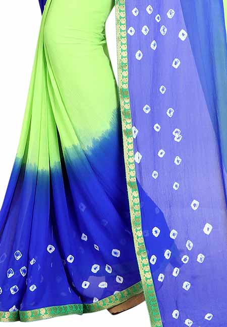 Green Blue Bandhani Printed Chiffon Sarees With Blouse