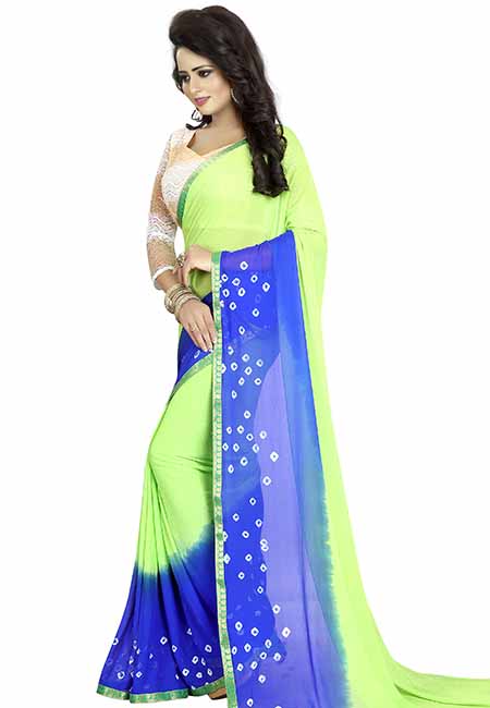 Green Blue Bandhani Printed Chiffon Sarees With Blouse