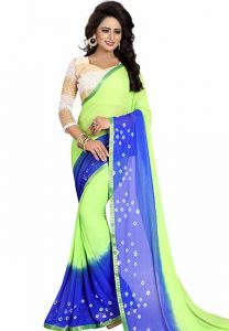 Green Blue Bandhani Printed Chiffon Sarees With Blouse