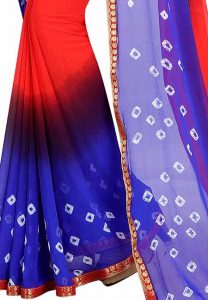 Red Blue Bandhani Printed Chiffon Sarees With Blouse