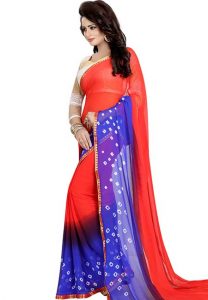 Red Blue Bandhani Printed Chiffon Sarees With Blouse