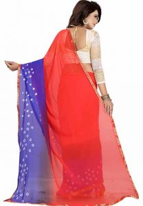 Red Blue Bandhani Printed Chiffon Sarees With Blouse