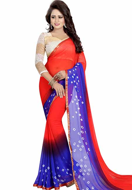 Red Blue Bandhani Printed Chiffon Sarees With Blouse