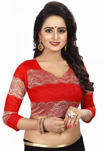 Red Women Printed Chiffon Sarees With Blouse