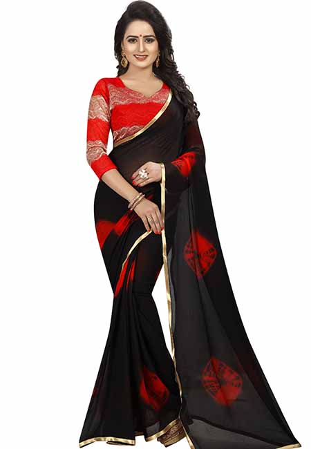 Red Women Printed Chiffon Sarees With Blouse