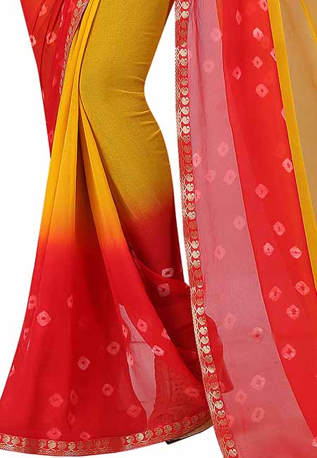 Red Yellow Bandhani Printed Chiffon Sarees With Blouse