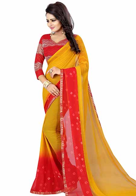 Red Yellow Bandhani Printed Chiffon Sarees With Blouse