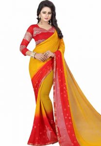 Red Yellow Bandhani Printed Chiffon Sarees With Blouse