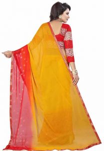 Red Yellow Bandhani Printed Chiffon Sarees With Blouse