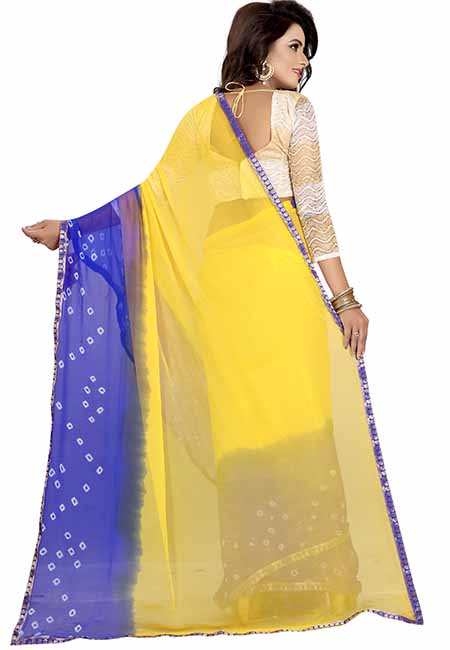 Yellow Blue Bandhani Printed Chiffon Sarees With Blouse