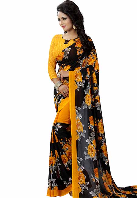 Floral Yellow Printed Special Georgette Sarees With Blouse