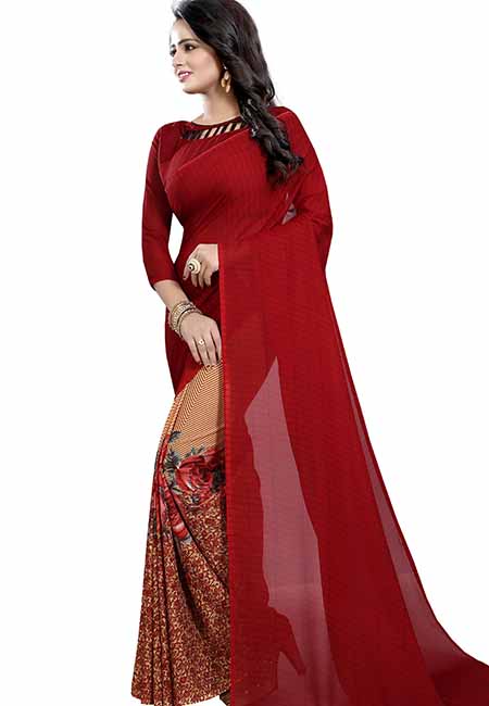 Half Maroon Printed Special Georgette Sarees With Blouse
